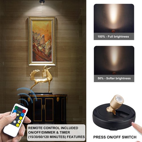 HAMVIDNE Wireless LED Spotlight, Battery Powered Picture Lights, Uplighting Indoor, Puck Lights with Remote, Stick Spot Lights for Wall Art Display Dartboard Painting Artwork Accent Closet-Gold