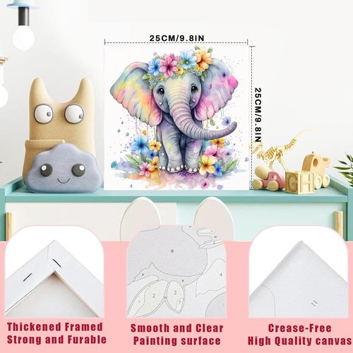 WEMEON Elephant Paint by Numbers Kit for Kids with Framed- Easy Paint by Numbers Kit for Kids Age 4-12, Simple Painting Paint by Numbers for Gift Home Wall Decor(10x10Inch)
