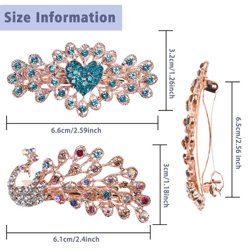 QXUJI 4PCS Crystal Rhinestones Hair Clips, Sparkly Glitter Flower Peacock Hair Barrettes, Metal Spring Hair Pins Snap Accessories, for Women Girls Bridal Wedding, 2.56 Inches