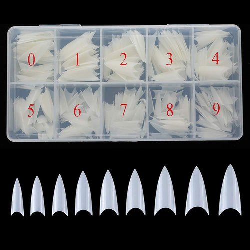 Beuniar Stiletto Nail Tips 500Pcs Short Sharp Ending False Acrylic Nails Tip Half Cover 10 Sizes with Box for Nail Salons Home DIY (Natural)