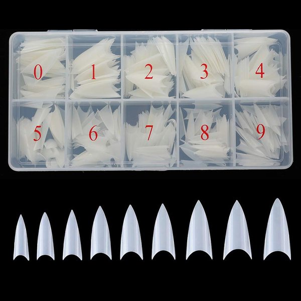 Beuniar Stiletto Nail Tips 500Pcs Short Sharp Ending False Acrylic Nails Tip Half Cover 10 Sizes with Box for Nail Salons Home DIY (Natural)