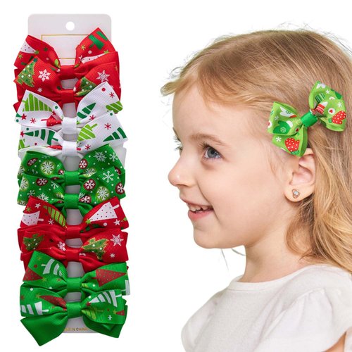 10pcs Christmas Bow Hair Clips - Xmas Medium Colorful Bow Hair Accessories Full Cover One Word Clips for Women Thin/Thick Hair Styles Christmas Snowflake Snowmen Bowknot Hair Barrettes