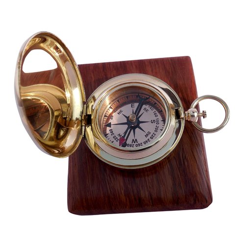 Handmade Brass Push Open Compass with Rose Wood Case, Pocket Compass for Hiking Rustic Vintage Home Decor Gifts