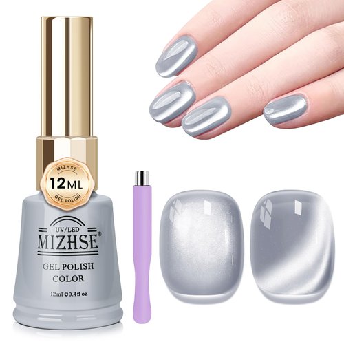 MIZHSE Cat Eye Gel Nail Polish, 12mL Silver Cateye Gel Polish Glitter Mooncat Cat Eye Effect Soak...