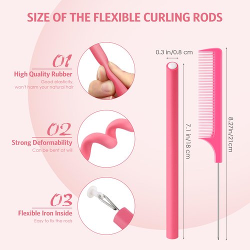 30 Pieces Flexible Curling Rods Twist Foam Hair Rollers Soft Foam No Heat Hair Rods Rollers and 1 Steel Pintail Comb Rat Tail Comb for Women Long and Short Hair(7 x 0.3 Inch,Pink)