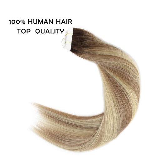Sassina 16 Inch Invisible Tape in Hair Extensions Human Hair Rooted Brown to Blonde Real Hair Extensions Tape in Double Side Glue in Real Hair Extensions 50g 20pcs/per set, R3-8P/613