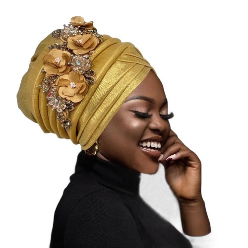 NJYFG 2024 New African Women's Turban Cap Nigeria Auto Gele Headtie Already Made Wedding Geles Female Head Wraps with Diamond Flower Gold (US, Alpha, One Size, Medium, Gold)