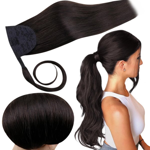 RUNATURE Ponytail Extension Human Hair 20 Inch Brazilian Straight Ponytail Hair Extensions Remy Hair 80g Natural Black Clip in Ponytail Human Hair Extensions Long Pony Tails Hair Extensions Silky