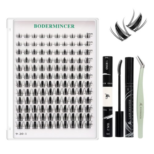 BODERMINCER Lash Clusters Kit 10-12-14-16mm Mixed Natural D Curl Fairy Lashes Pre-glue Lash Extension Kit Bond and Seal Kit For Self Use DIY at Home (Lash KIT Fairy 8-10-12-14-16mm MIX)