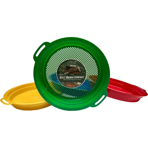 Kolt Mining Sand Sifter Set – Teach Kids Sieve, Play, Explore and Discover Hidden Treasures – Made in The USA – Set of 4 – Blue, Green, Red and Yellow – 10.5 x 2 inches