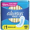 Always Maxi Feminine Pads For Women, Size 1 Regular Absorbency, Without Wings, Unscented, 48 Count