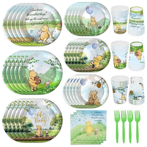 150pcs Winnie Bear Baby Shower Table Decorations Pooh Plates Napkins Birthday Party Supplies Paper Tableware Set Cups Forks Watercolor Vintage Bear Boys Newborn Kids for 30 Guests