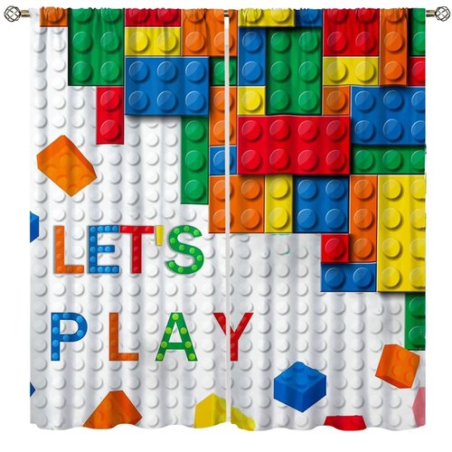 Building Block Toy Curtains Kids Nursery Abstract Colorful Toy Brick Geometric Print Pattern Window Drapes for Boys Girls Bedroom Playroom 2 Panels W42 x L45 Inch Decor