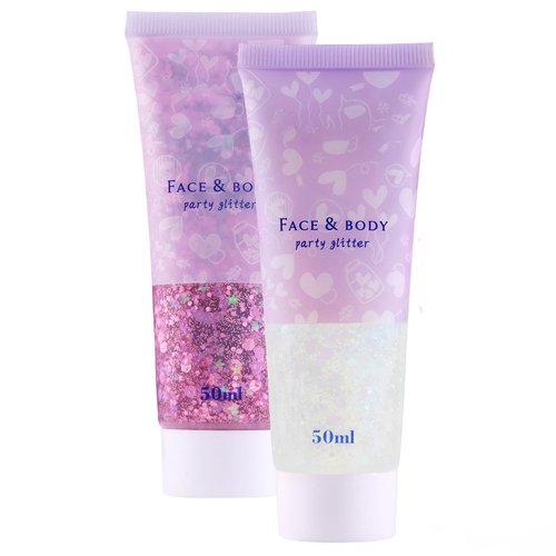 Clear White Body Glitter, 2 PCS Mardi Gras Accessories Mermaid Sequins Glitter Singer Concerts Rave Unicorn Party Decorations Chunky Glitter for Body, Face, Hair and Lip (Clear White & Heart Pink)