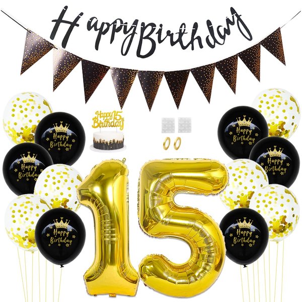 Daimay 15th Birthday Party Decorations Gold Black Happy Birthday Latex Confetti Balloons Triangle Flag Banner Number 15 Foil Balloon Cake Topper for Men Women Anniversary Birthday Party Supplies