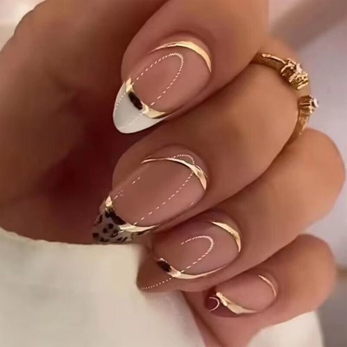 Almond Press on Nails French Tip Fake Nails Leopard Designs False Nails Gold Line Stick on Nails Oval Glossy Glue on Nails White Brown Tip Nails Nude Full Cover Acrylic Nails for Women Girls 24pcs