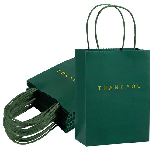 driew Thank You Gift Bags 50 Pack, 5.9 x 3.1 x 8.3'' Dark Green Paper Bags with Handles for Retail, Wedding,Party, Shopping