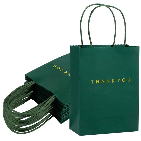 driew Thank You Gift Bags 50 Pack, 5.9 x 3.1 x 8.3'' Dark Green Paper Bags with Handles for Retail, Wedding,Party, Shopping