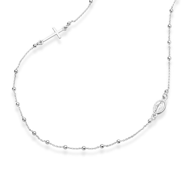 Miabella 925 Sterling Silver Italian Rosary Beaded Sideways Cross Dainty Chain Necklace for Women Made in Italy (16 Inches)