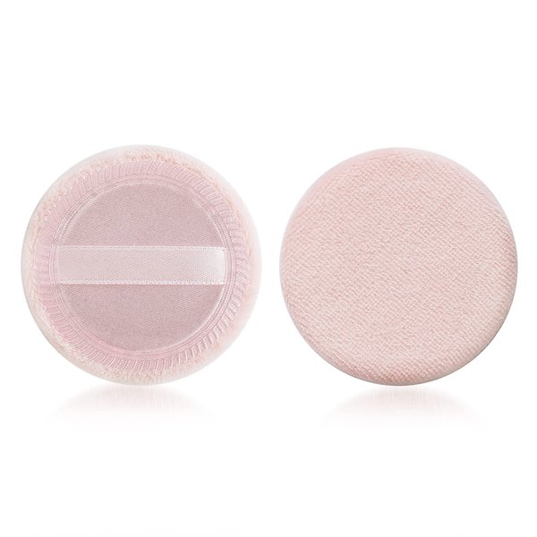 Sibba Loose Powder Puff 2 Pieces Round Velour Face Makeup Compact Body Container Setting Pressed Blending Foundation Cream Make Up Ribbon Strap Sponge Cushion Applicator (2 PCS Pink)