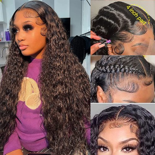 13x4 Lace Front Wigs Human Hair Water Wave Frontal Wigs Human Hair HD Lace Wig Long Curly Wigs for Black Women Human Hair 150% Density Glueless Wigs Human Hair Pre Plucked with Baby Hair 24inch