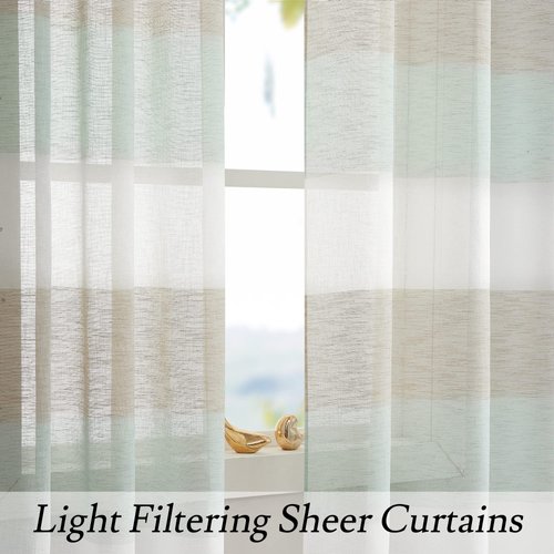 Vision Home Spa Blue and Tan Stripe Sheer Curtains Coastal Color Block Farmhouse Window Panels 84 inch Length Linen Rustic Light Filtering Drapes for Living Room Rod Pocket,40" Wx84 Lx2