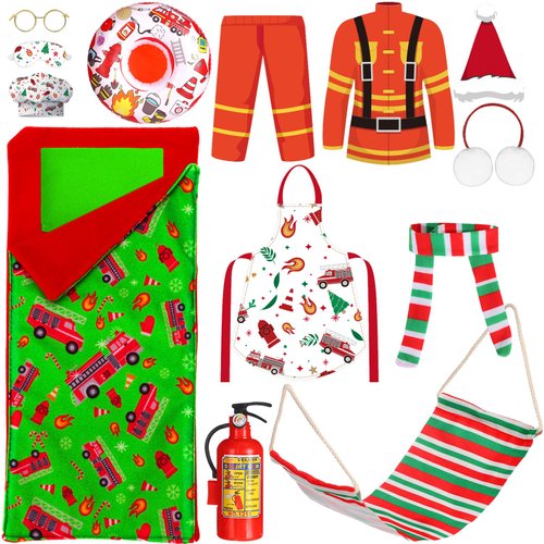 Kacctyen 14 Pcs Fireman Themed Christmas Elf Doll Accessories Include Christmas Doll Firefighter Suit Sleeping Bag Apron Santa Hat Scarf Glasses Pillow Eye Mask Shoes Mask Hammock for Elf Doll Decor