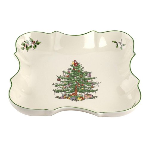 Spode Christmas Tree Devonia Tray | 8.5 Inch Serving Bowl Made of Fine Earthenware | Shallow Serving Bowl for Salad, Pasta, and Fruit | Microwave and Dishwasher Safe
