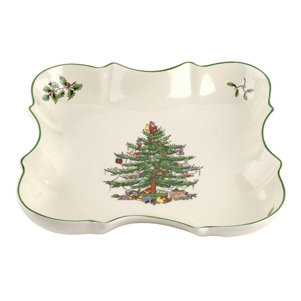 Spode Christmas Tree Devonia Tray | 8.5 Inch Serving Bowl Made of Fine Earthenware | Shallow Serving Bowl for Salad, Pasta, and Fruit | Microwave and Dishwasher Safe