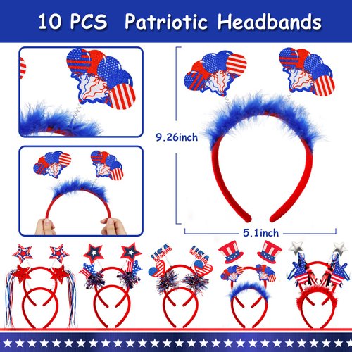 Garma 92Pcs Patriotic Party Favors Set, 4th of July Accesories Headbands Bulk with Bead Necklaces Tattoo Stickers for Independence Day, Memorial Day Celebrations, Parades, Classroom Rewards for Kids