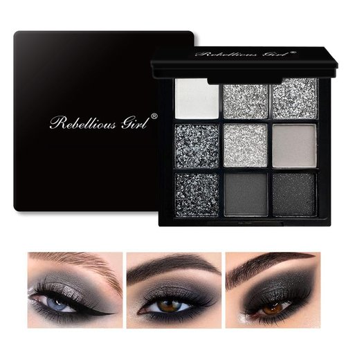 VERONNI Black Smokey Gray Silver Glitter Eyeshadow Palette, 9 Colors Matte&Shimmer&Glitter Eyeshadow Makeup, Long Lasting Blendable Neutral Eye Look, Highly Pigmented Eye Shadow Powder