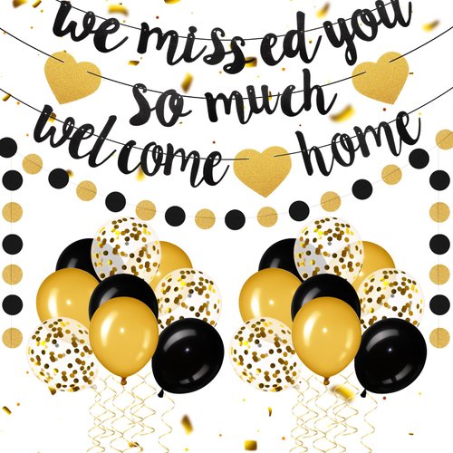 Welcome Home Decorations Welcome Home We Missed You So Much Banner Glitter Garland and Balloons Welcome Back Party Supplies Military Army Homecoming Party Decor(Golden)