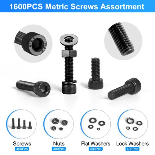 SATANTECH 1600PCS Metric Screw Assortment M2 M3 M4 M5, Grade 12.9 Alloy Steel Metric Bolts and Nuts Assortment Kit, Hex Socket Head Cap Metric Machine Screws Nuts and Bolts and Flat&Lock Washers Set