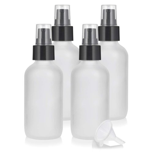 4 oz Frosted Clear Glass Boston Round Bottle with Treatment Pump (4 Pack) + Funnel