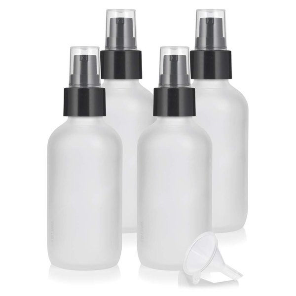 4 oz Frosted Clear Glass Boston Round Bottle with Treatment Pump (4 Pack) + Funnel