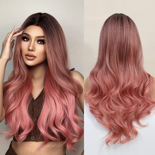 Qihang Pink Wigs for Women, Long Wavy Curly Wig, No Lace Colored Wigs, Ombre Black to Pink Wig, Synthetic Wigs With Middle Part for Daily Cosplay Party Replacement 24inch