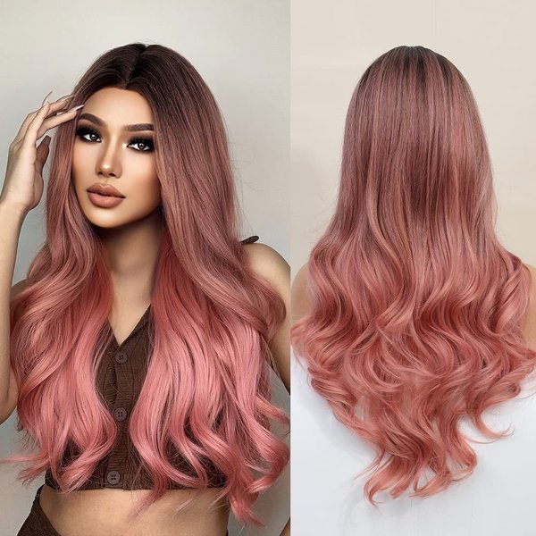 Qihang Pink Wigs for Women, Long Wavy Curly Wig, No Lace Colored Wigs, Ombre Black to Pink Wig, Synthetic Wigs With Middle Part for Daily Cosplay Party Replacement 24inch
