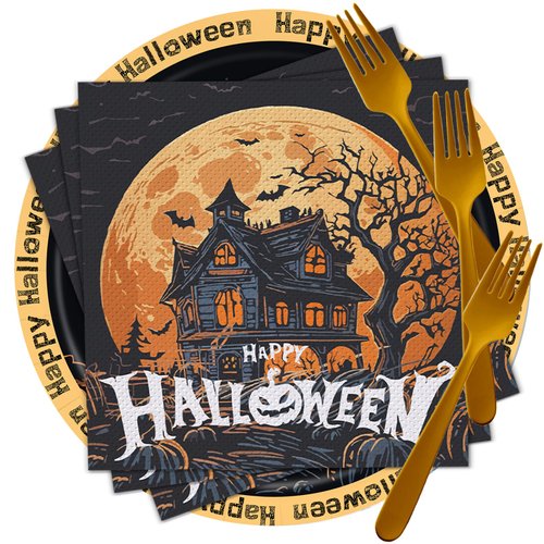 96pcs Halloween Party Plates Napkins, Halloween Decorations Tableware Set, Halloween Party Supplies Kids Spooky Disposable Tableware Set, Dessert Plates Party Decorations Serve 24