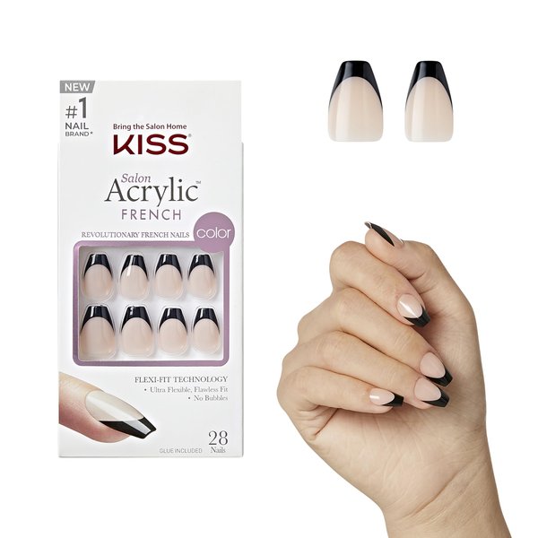 KISS Salon Acrylic French, Press-On Nails, Nail glue included, 'Flame', Dark Black, Short Size, Coffin Shape, Includes 28 Nails, 2G Glue, 1 Manicure Stick, 1 Mini File