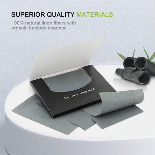 Mirucoo 300 Count Natural Bamboo Charcoal Blotting Papers Organic Facial Oil Absorbing Sheets for Oily Skin Care Daily Oil Control Linen Tissues (100 PCS/PK, 3 PKS)