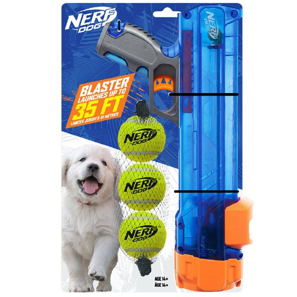 Nerf Dog Tennis Ball Blaster Dog Toy, 12 in Translucent Blaster with 3 Miniature 2in Tennis Balls