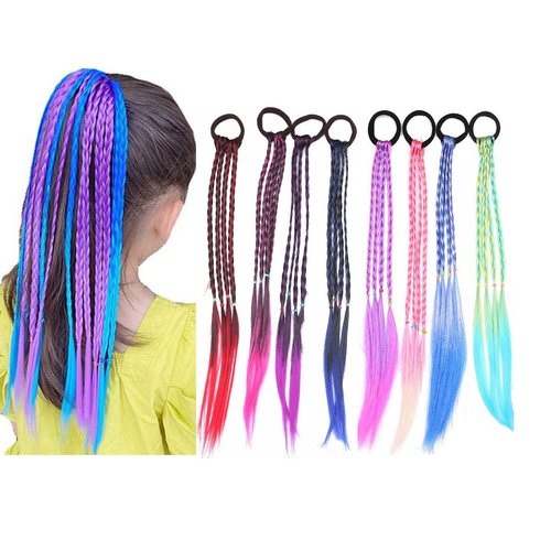 8 Pieces Multicolor Braids Hair Extensions Accessories with Rubber Bands Rainbow Hairstyle Ponytails Braided Synthetic Hairpieces for Women