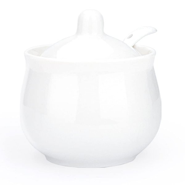 Swetwiny Ceramic Sugar Bowl with Lid and Spoon, Porcelain Salt Storage Jar, White Seasoning Container for Home and Kitchen, 7 Ounces (White)