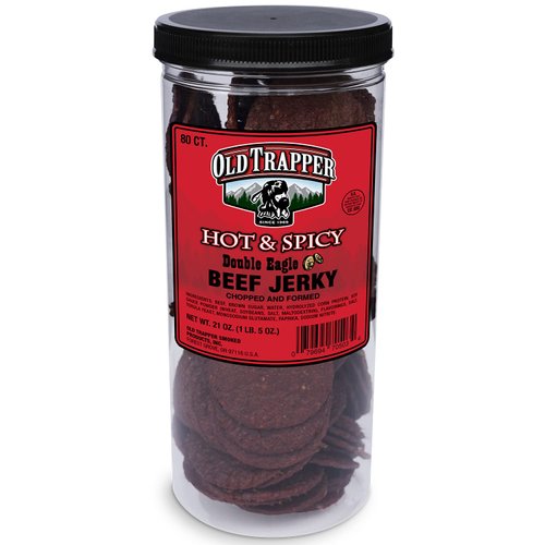 Old Trapper Double Eagle Beef Jerky, Hot & Spicy Flavor, 21oz. 80-Piece Jar, Natural Wood Smoked Meat Snacks, 10 Grams of Protein and 80 Calories per Serving (Pack of One)