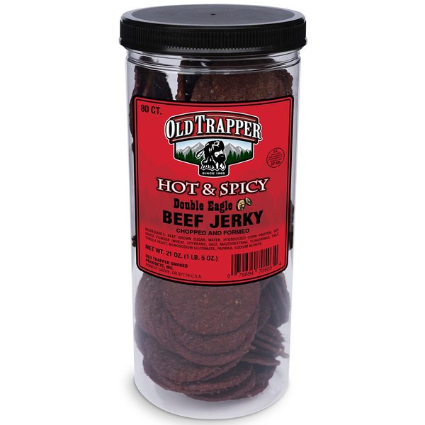 Old Trapper Double Eagle Beef Jerky, Hot & Spicy Flavor, 21oz. 80-Piece Jar, Natural Wood Smoked Meat Snacks, 10 Grams of Protein and 80 Calories per Serving (Pack of One)