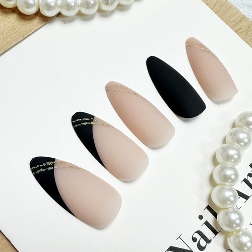 Black Press on Nails Medium Almond Fake Nails Matte False Nails Press ons with Designs French Tip Acrylic Full Cover Glue on Nails Artificial Stick on Nails for Women Manicure 24 Pcs