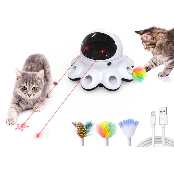 ORSDA Cat Laser Toy, 2-in-1 Interactive Cat Toys for Indoor Cats, Automatic Laser Pointer Cat Toy, 8 Holes Mice Whack A Mole Moving Feather, USB Rechargeable Electronic Kitten Toys for All Breeds