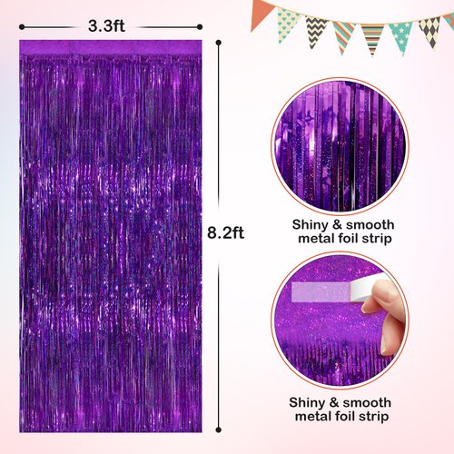 Purple Metallic Tinsel Foil Fringe Curtains, 2 Pack 3.3x8.3 Feet Party Streamer for Birthday Party Decorations, Halloween Decor, Foil Curtain Backdrop for Bachelorette Party