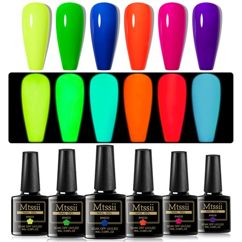 MTSSII Glow in the Dark Gel Nail Polish, 6 Colors Neon Luminous Gel Polish Set, Fluorescent Bright Colors Hot Pink Neon Yellow Green Blue Orange Purple Soak Off UV Nail Polish Kit for Christmas
