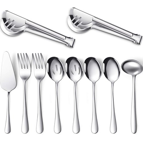 10-Piece Dishwasher Safe Silver Serving Utensil Set - Includes Spoons, Forks, Tongs, Ladle, and Pie Server
